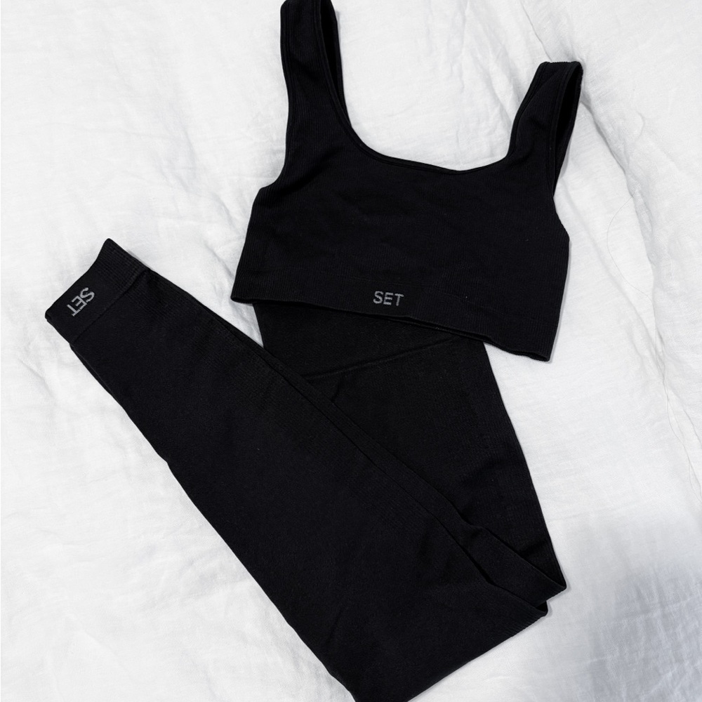 SET Active Black Ribbed Leggings & Crop Tank Set